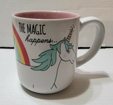 Roobee Mara-Mi Magic Happens Unicorn Rainbow Large Coffee Mug Tea Cup Pink White - £25.50 GBP