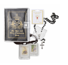BOY&#39;S COMMUNION SET WITH BLACK MASS BOOK CLOTH SCAPULAR ROSARY AND PIN - £39.37 GBP
