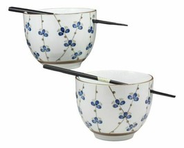 Japanese Design Ceramic String Flowers Ramen Noodles Bowl &amp; Chopsticks Set of 2 - £22.41 GBP