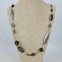 Vintage 1990s Elegant Gray Beaded Necklace 35 Inch On Chain - $16.83