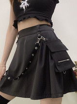 InstaHot Black Pockets High Waist Skirts Strap Zipper Pleated Skirt Wome... - £44.60 GBP