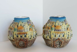 Vtg pair of Jerusalem village resin &amp; silver plate relief carved candle holders - £19.92 GBP