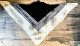 Vintage Handmade Crocheted Knitted Womens Triangle Shaw Black White Gray 68x38&quot; - £15.05 GBP
