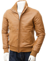 Men&#39;s Tan Leather Bomber Jacket Cheriton - $1,621.67 MXN