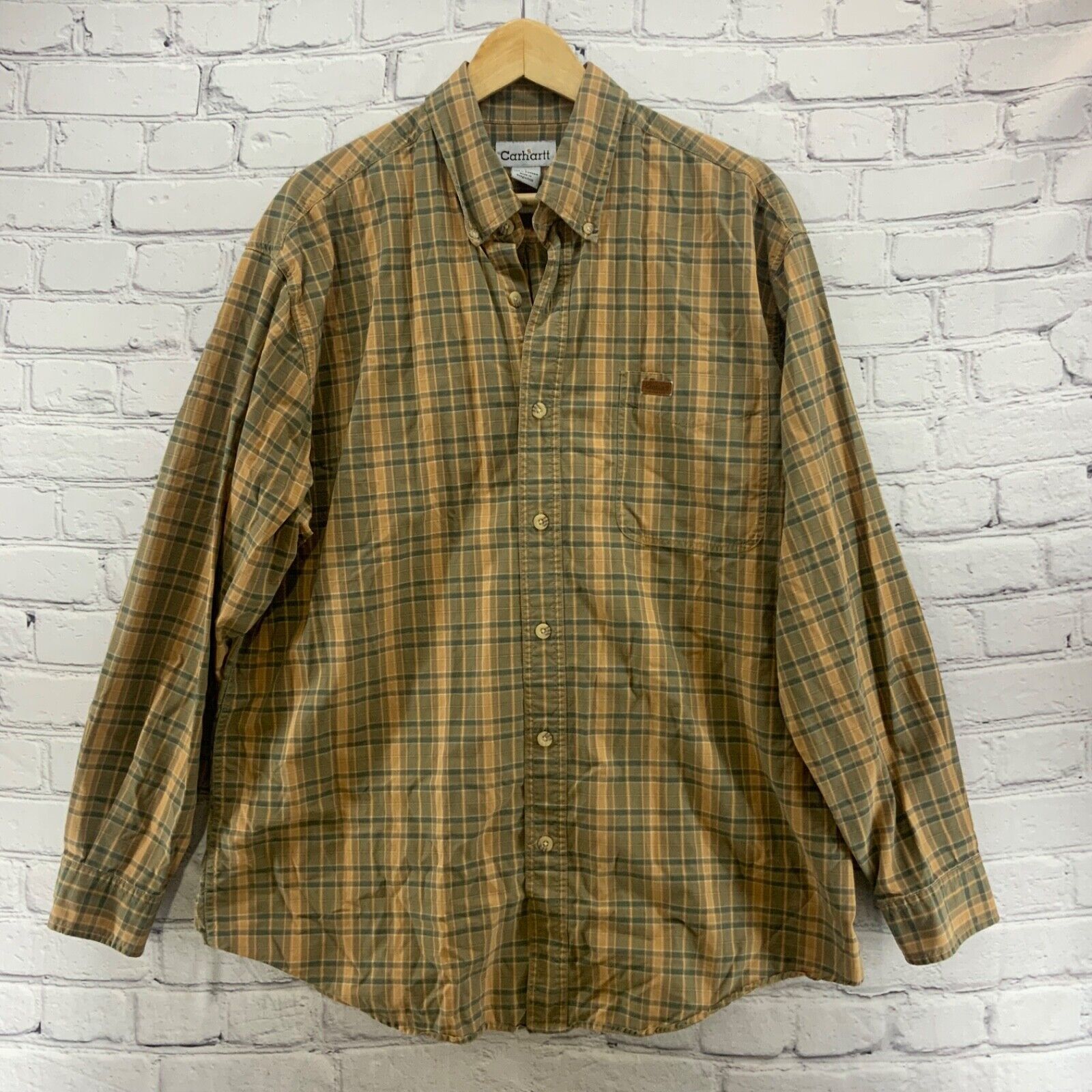 Primary image for Carhartt Shirt Mens Sz L Large Yellow Green Plaid Long Sleeve 100% Cotton