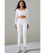 White Ribbed Long Sleeve Top and Leggings Workout Set - $5,224.63 MXN