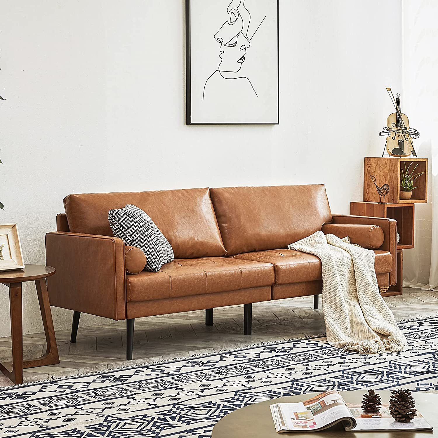 Primary image for Vonanda Faux Leather Sofa Couch, Mid-Century 73 Inch 3, Elegant Cognac Tan