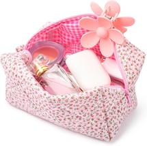 Quilted Makeup Bag Floral Cosmetic Bag Puffy Coquette Makeup pouch Aesthetic Cut - £19.24 GBP