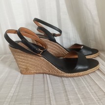 Tory Burch Ankle Strappy Wedge Sandals Black Leather Buckle Tan Espadrille 8.5 - £56.35 GBP