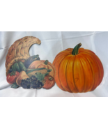 Vtg Die Cut Dennison One Sided Thanksgiving Fall Pumpkin &amp; Cornucopia De... - £23.63 GBP