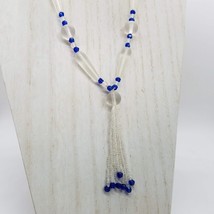 Vintage Glass Bead Tassel 31&quot; Necklace Cobalt Blue Frosted Clear Beads - £21.67 GBP