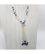 Vintage Glass Bead Tassel 31&quot; Necklace Cobalt Blue Frosted Clear Beads - $27.71