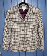 Vintage Evan Picone Pure Wool Plaid Blazer Jacket Size 14 Beige Plum Lig... - $39.60