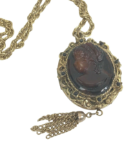 Vintage Cameo Locket Brown Glass Pendant Necklace steampunk Victorian Revival - £27.55 GBP