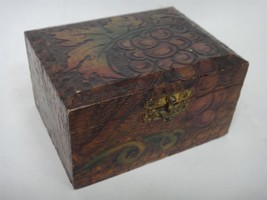 Antique Pyrography Wood Box Fabric Lined Grapes Dresser Trinket Jewelry - £71.62 GBP