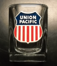 Union Pacific Shot Glass Square Style Red White Blue Metal Emblem on Clear Glass - £7.07 GBP