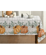 Harvest Orange White Pumpkins Fabric Tablecloth 60&quot; x 84&quot; Fall Thanksgiv... - $673.93 MXN