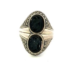 Vintage Sterling Signed Judith Jack Double Black Onyx with Marcasite Ring size 8 - £45.82 GBP