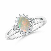 ANGARA 7x5mm Natural Opal Halo Ring with Heart Motifs in Silver for Women, Girls - £274.47 GBP+