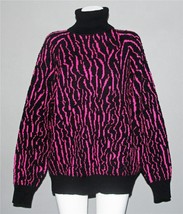 VTG Tyrolia Hot Pink Black Turtleneck Wool Blend Tuck Knit Ski Sweater W... - £29.56 GBP