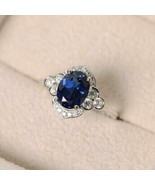 14k White Gold Plated 2.10 CT Oval Cut Lab-Created Blue Sapphire Halo Gi... - £44.13 GBP