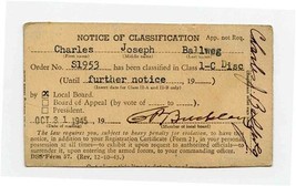 Selective Service Draft Board 1945 Notice of Classification Card 1-C Dis... - £6.22 GBP