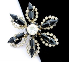 Pin Star Flower Brooch Vintage Black Clear Rhinestone Double Level Goldtone - £19.97 GBP