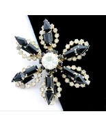 Pin STAR FLOWER BROOCH Vintage Black Clear Rhinestone Double Level Goldtone - £19.65 GBP