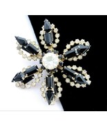 Pin STAR FLOWER BROOCH Vintage Black Clear Rhinestone Double Level Goldtone - €21,67 EUR