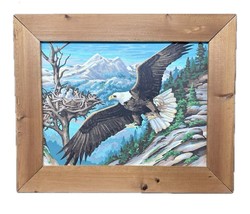 VTG American Bald Eagle &amp; Nest of Eaglet Chicks Paint by Numbers Wood Frame 20”W - £91.26 GBP