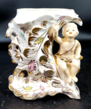 Vintage Ucagco Porcelain 7&quot; Vase Cherub Boy Hand Painted Gold Leafing figurine - £35.82 GBP