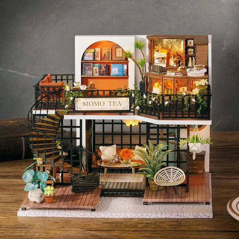  houses miniature building kits with furniture momo tea coffee shop casa dollhouse toys thumb200