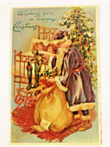 Antique Christmas Postcard Replica German Style Santa Clause stuffing Stockings - £5.90 GBP