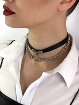 Choker with double chain and o-ring leather biker choker kitty collar - £16.86 GBP