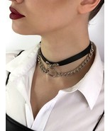 Choker with double chain and o-ring leather biker choker kitty collar - £16.80 GBP