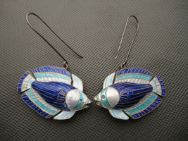 Vintage Japanese Sterling Silver Large Blue White Enamel Angel Fish Earrings - £95.89 GBP