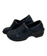 BOC Born Black Blue Floral Embossed Leather Slip On Clogs Shoes Wedge Si... - $41.11 CAD