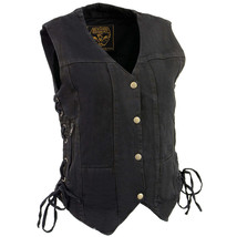 Women&#39;s Motorcycle Vest Black 6 Pocket Side Lace Denim Vest MDL4020 - $921.24 MXN+
