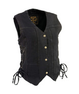 Women's Motorcycle Vest Black 6 Pocket Side Lace Denim Vest MDL4020 - $49.99 - $57.99