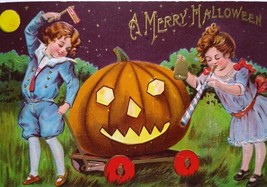 Halloween Postcard Fantasy Children Pumpkin Buggy Cart JOL Horn Moon P Sanders - $114.24