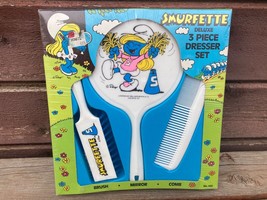 Vtg 1982 Smurfs Smurfette Deluxe 3 Piece Dresser Set Nos Mip - £39.53 GBP