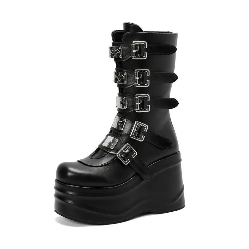 Womens Platform  Goth Mid Calf Wee Round Toe Knee High Boots Ladies Combat Booti - £234.51 GBP