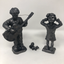 Lot of 3 Michael Ricker Pewter Statues Boy W/Guitar, Girl Plugged Ears, Squirrel - £24.78 GBP