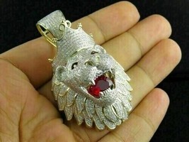 4.5 Ct Oval Cut Red Ruby and Moissanite Lion Face Pendant 14K Yellow Gold Plated - £229.56 GBP