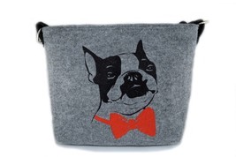 Boston Terrier 3,Felt, gray bag, Shoulder bag with dog, Handbag, Pouch - $39.99