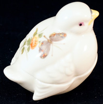 Porcelain Trinket Box Shaped as a Fat Baby Bird with Flower &amp; Butterfly on Back - £20.77 GBP