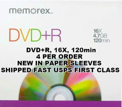 4 Pack Memorex DVD+R 16X 4.7GB 120min NEW 4 DVDs in 4 Paper Sleeves DVDR - £15.30 GBP