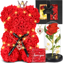 Rose Bear Gift Box for Mom Forever Eternal Rose in Glass Dome with Light Necklac - £43.14 GBP