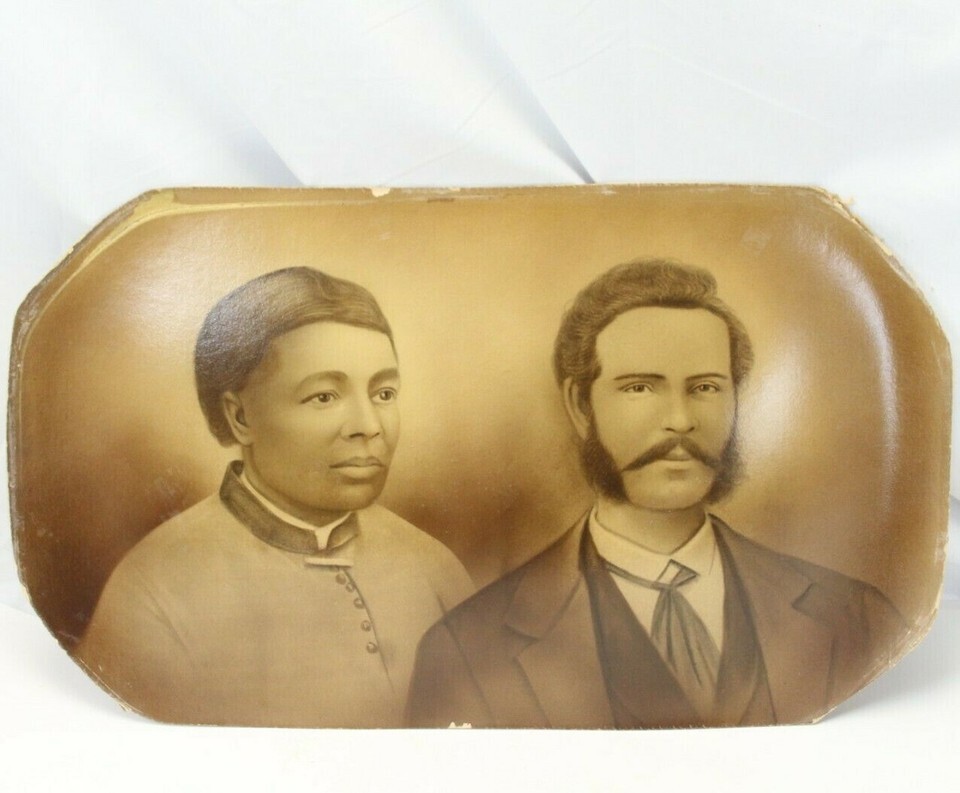 Antique 1800s Photo African American Black Woman &amp; White Man Sepia 19.75... - $293.99