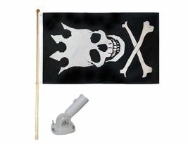 5&#39; Wood Flag Pole Kit W/Nylon White Bracket 3x5 Skull W/Crown Pirate Poly Flag - £24.03 GBP